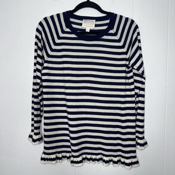 Sail To Sable STS Women’s 100% Cashmere Striped Sweater Navy Blue Nautical L - Picture 1 of 6